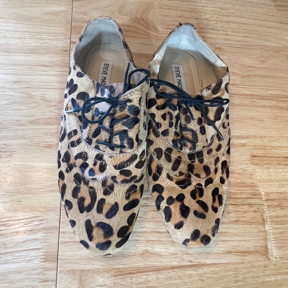 Steve Madden Trouserl Leopard Pony Hair Oxford Flats Brown Black Tan Size 10